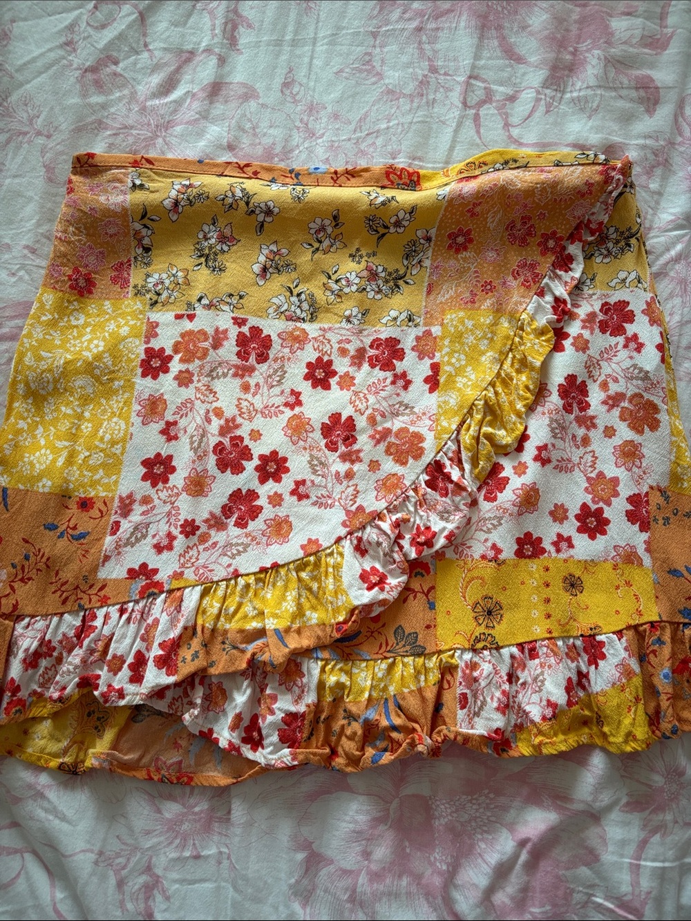 Forever 21 Yellow Floral Patchwork Ruffle Mini Skirt